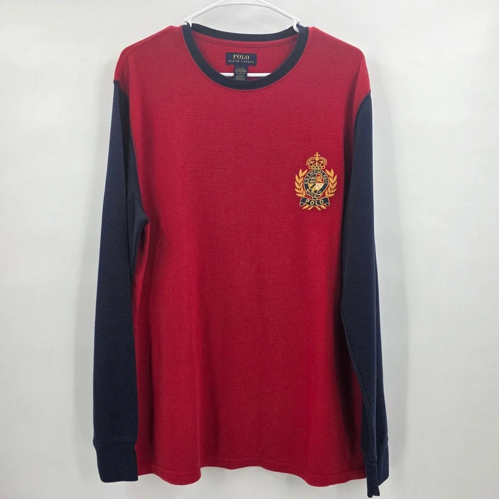 POLO RALPH LAUREN BIG CREST THERMAL SHIRT MENS XL BLUE RED SLEEPWEAR WAFFLE KNIT